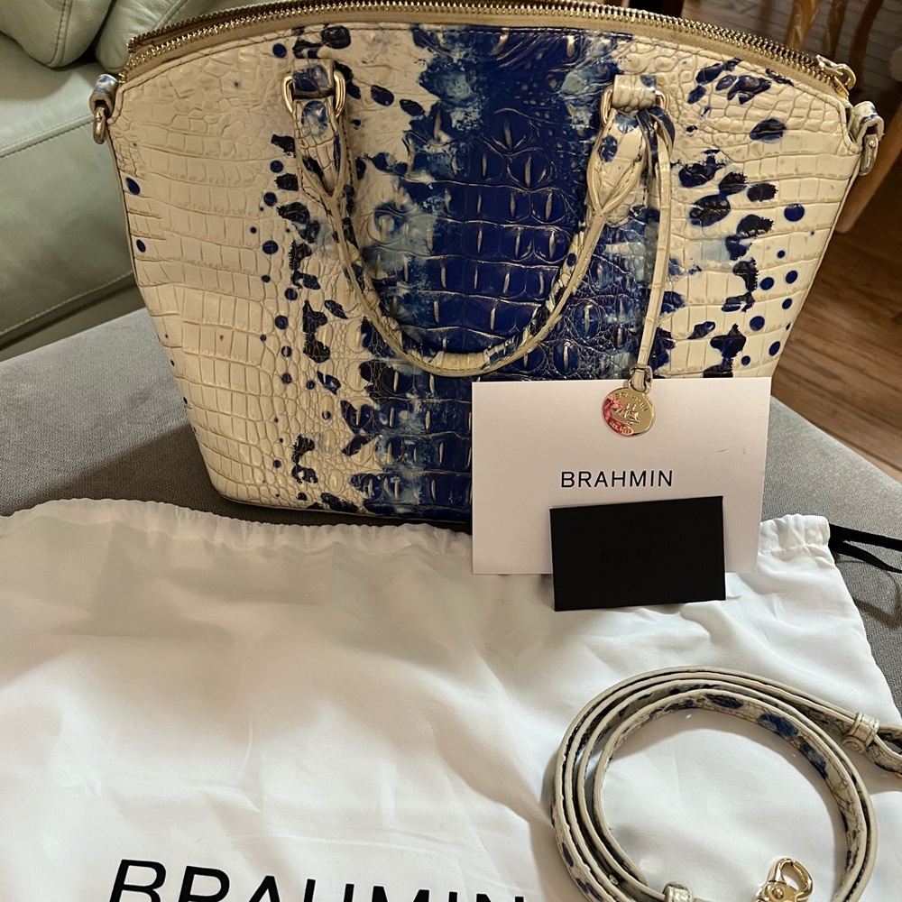 Brahmin Blue and Cream Tote Bag with Signature Style